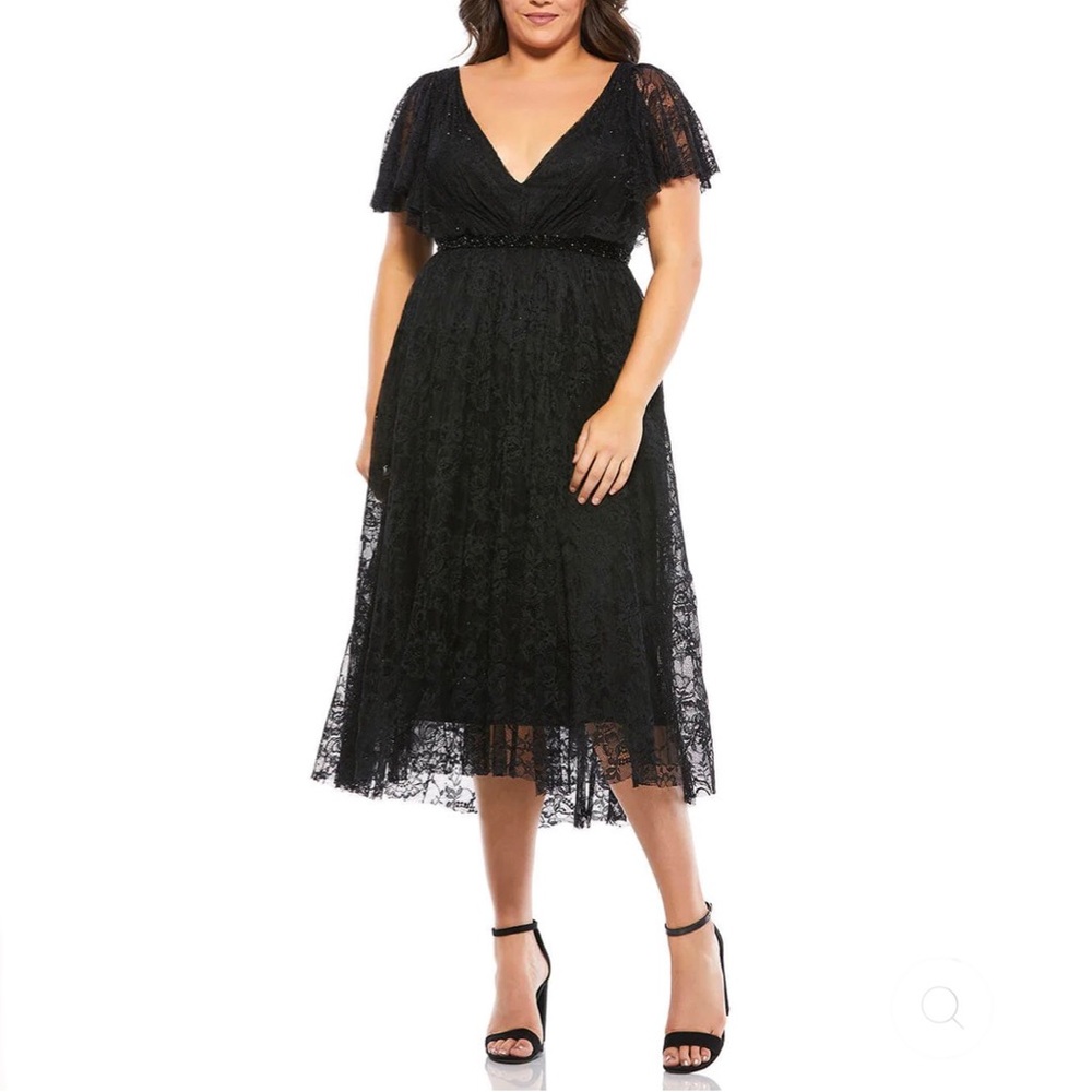 MAC DUGGAL Black Lace Overlay Short Sleeve Empire Waist V Neck Midi Dress 16 NWT - Picture 1 of 16